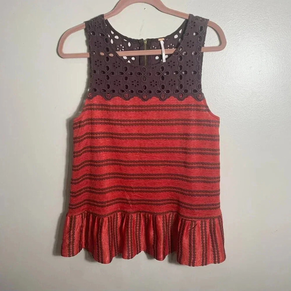 Free People Molly Retro Peplum Tank Top Size Medium Eyelet Red Brown Stripe - Picture 1 of 7